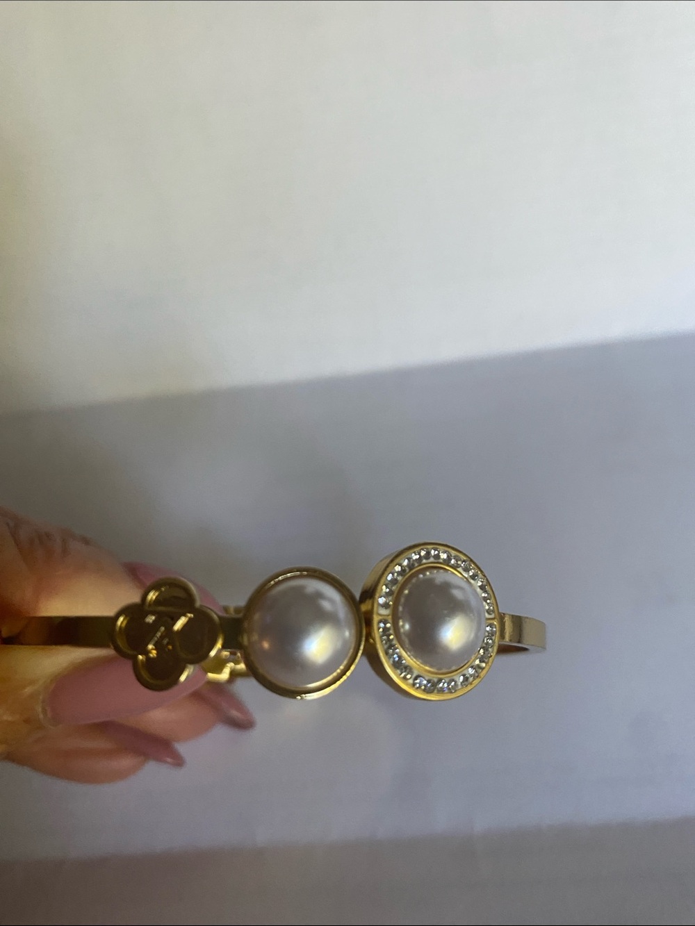 Gold Pearl and Crystal LV Accent Women's Bracelet